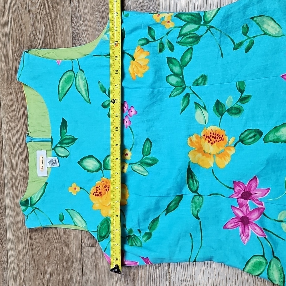 Talbots 100% Linen Bright Aqua Pink Yellow Floral Print Sleeveless Sheath Dress - Picture 13 of 16